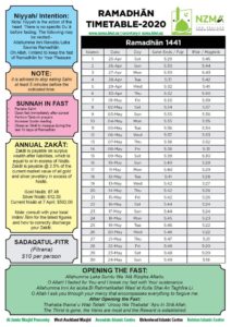 NZMA Ramadan Timetable 2020